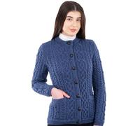 SAOL 100% Merino Wool Ladies Irish Buttons Knit Cardigan Lumber Jacket with Pockets, Marl Blue, XXL