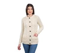 SAOL 100% Merino Wool Ladies Irish Buttons Knit Cardigan Lumber Jacket with Pockets, Natural, XXL