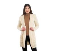 SAOL 100% Merino Wool Ladies Irish Classic Fit Long Cardigan with Hood, Natural, XS
