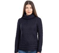 SAOL 100% Merino Wool Ladies Turtleneck Ribbed Cable Knit Sweater, in Natural/Grey/Navy (Navy, Medium)