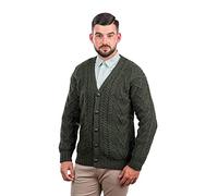 SAOL 100% Merino Wool Men's Aran Cable Knit V Neck Casual Irish Cardigan with Buttons and Pockets, Army Green, Large