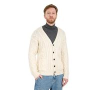 SAOL 100% Merino Wool Men's Aran Cable Knit V Neck Casual Irish Cardigan with Buttons and Pockets, Natural, Large