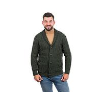 SAOL 100% Merino Wool Mens Aran Cable Shawl-Collar Cardigan, in Charcoal/Army Green/Navy (Army Green, Large)