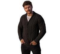 SAOL 100% Merino Wool Mens Aran Cable Shawl-Collar Cardigan, in Charcoal/Army Green/Navy (Charcoal, Medium)