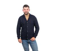 SAOL 100% Merino Wool Mens Aran Cable Shawl-Collar Cardigan, in Charcoal/Army Green/Navy (Navy, Large)