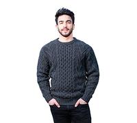 SAOL 100% Merino Wool Men's Aran Pullover with Crew Neck Collar in Natural/Charcoal/Army Green/Navy, charcoal, M