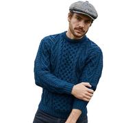 SAOL 100% Merino Wool Men's Irish Traditional Aran Crew Neck Cable Knit Sweater Pullover, Ocean Blue, Medium