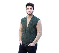 SAOL 100% Merino Wool Mens V Neck Vest Sleeveless Irish Cable Knit Cardigan Sweater with Buttons and Pockets, Army Green, XL