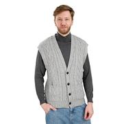 SAOL 100% Merino Wool Mens V Neck Vest Sleeveless Irish Cable Knit Cardigan Sweater with Buttons and Pockets, Grey, XXL