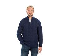 SAOL 100% Merino Wool Mens Zip Neck Irish Fisherman Cable Knit Winter Outdoor Sweater Pullover in Natural or Navy Blue (Navy, M)