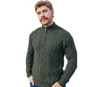 SAOL 100% Merino Wool Mens Zip Neck Irish Fisherman Cable Knit Winter Outdoor Sweater Pullover in Natural or Navy Blue (Army Green, XL)