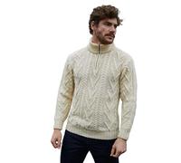SAOL 100% Merino Wool Mens Zip Neck Sweater Irish Fisherman Cable Knit Winter Outdoor Pullover Aran Jumper, Natural, S