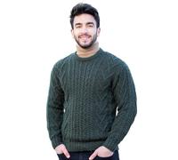 SAOL 100% Merino Wool Traditional Aran Crew Neck Sweater for Men, in Natural/Charcoal/Army Green (Army Green, Large)
