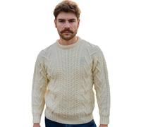 SAOL 100% Merino Wool Traditional Aran Crew Neck Sweater for Men, in Natural/Charcoal/Army Green (Natural, X-Large)