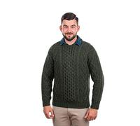 SAOL 100% Merino Wool Traditional Aran Sweater for Men, in Natural/Charcoal/Army Green/Navy (Army Green, Medium)