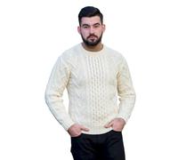 SAOL 100% Merino Wool Traditional Aran Sweater for Men, in Natural/Charcoal/Army Green/Navy (Natural, Medium)