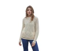 SAOL 100% Merino Wool Warm Cable Knit Women Crew Neck Fitted Irish Sweater with Pockets in Grey/Natural/Navy Blue (Natural, X-Large)