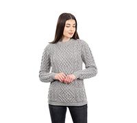 SAOL 100% Merino Wool Warm Cable Knit Women Crew Neck Fitted Irish Sweater with Pockets in Grey/Natural/Navy Blue (Grey, Large)