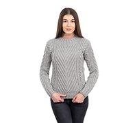 SAOL 100% Merino Wool Warm Round Neck Irish Aran Cable Ladies Sweater Jumper (Grey, X-Large)