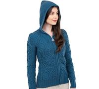 SAOL 100% Merino Wool Women's Cardigan with Double Collar and Zip in Natural/Green, blue-green, L