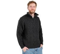 SAOL Aran Sweater for Men's Irish Fishermen Wool Zip Neck Sweater Cardigan Made in Ireland, Charcoal, Medium