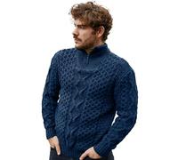 SAOL Aran Sweater for Men's Irish Fishermen Wool Zip Neck Sweater Cardigan Made in Ireland, Ocean Blue, XL