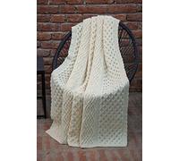 SAOL Honeycomb and Cable Knit Patterns 100% Merino Wool Irish Aran Throw/Blanket in Natural/Green color 60 x 40 inches (Natural)