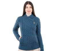 SAOL Irish Cardigan for Women Made of 100% Merino Wool Ireland Sweater Cable Knit Zip Jacket, Teal, XXL