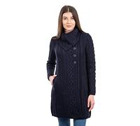 SAOL Irish Cardigan Sweater for Women with Side Pockets and Oversized Collar - Soft Merino Blend - blue - Large