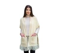 SAOL Ladies 100% Merino Wool Shawl/Poncho Sweater/Open Cardigan/Wool Cape with Pockets with Fringe Trim and Trinity Knot Button in Green/Navy Blue/Natural/Grey (Natural)