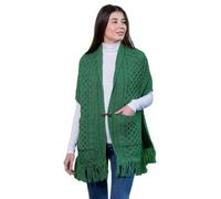 SAOL Ladies 100% Merino Wool Shawl / Poncho Sweater / Open Cardigan /Wool Cape with Pockets with Fringe Trim and Trinity Knot Button in Green / Navy Blue / Natural / Grey (Green)