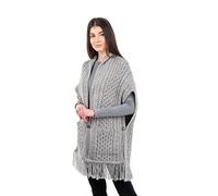 SAOL Ladies 100% Merino Wool Shawl/Poncho Sweater/Open Cardigan/Wool Cape with Pockets with Fringe Trim and Trinity Knot Button in Green/Navy Blue/Natural/Grey (Grey)