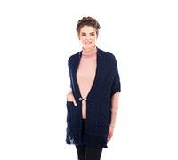 SAOL Ladies 100% Merino Wool Shawl/Poncho Sweater/Open Cardigan/Wool Cape with Pockets with Fringe Trim and Trinity Knot Button in Green/Navy Blue/Natural/Grey (Navy)