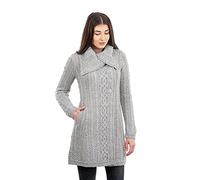SAOL Ladies 3 Buttons Collar Irish Knitted Coat 100% Merino Wool with Side Pockets (Grey, L)