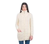 SAOL Ladies Irish Aran Zip Cardigan - 100% Merino Wool Ireland Coat with Pockets and Raised Collar - Brown - X-Small