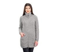 SAOL Ladies Irish Aran Zip Cardigan - 100% Merino Wool Ireland Coat with Pockets and Raised Collar, Grey, M