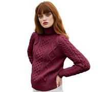 SAOL Ladies Turtleneck Wool Sweater Irish Cable Knit Sweater Made in Ireland, Velvet red, XS