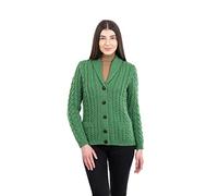 SAOL Shawl Neck Cardigan for Ladies 100% Merino Wool Buttoned V-Neck Sweater with Pockets for Women Made in Ireland, Green, XL