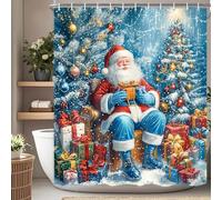 SAOLUIS Christmas Shower Curtain Cute Santa Claus Shower Curtain for Bathroom, Retro Winter Xmas Bath Curtains Xmas Trees Snowflake Bath Accessories Decor with 12 Hooks, Blue-1 36X72 Inch