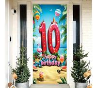 Saoplasa 10th Birthday Banner Backdrop 71 x 35 Inch Tropical Beach Theme Door Cover with Flamingo Balloons and Fruit Design for Kids Boys Girls Happy 10 Years Old Party Wall Decoration Indoor Outdoor