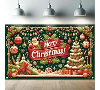 Saoplasa Christmas Backdrop 71 x 43 Inch Green Holiday Banner Santa Claus Christmas Tree Gifts Ornaments Snow Scene Photography Background for Indoor Outdoor Xmas Party Wall Decor and Photo Booth