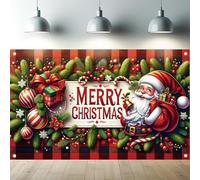 Saoplasa Christmas Backdrop 71 x 43 Inch Santa Claus Banner Gift Box Red Plaid Pine Garland Festive Holiday Photography Background for Indoor Outdoor Xmas Party Wall Decor and Photo Booth