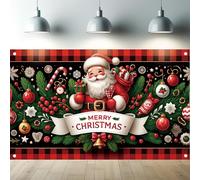 Saoplasa Christmas Backdrop 71 x 43 Inch Santa Claus Gift Candy Pine Tree Ornaments Banner Red Black Plaid Holiday Photography Background for Xmas Party Indoor Outdoor Wall Decor Photo Booth Backdrop