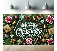 Saoplasa Christmas Backdrop 71x43 Inch Merry Christmas Photography Background Green Holiday Banner with Gift Boxes Candy Bells Snowflakes and Ornaments for Xmas Party Wall Decoration Indoor Outdoor