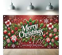 Saoplasa Christmas Backdrop Merry Christmas and Happy New Year Photography Background Red Holiday Banner with Candy Snowflakes Xmas Tree Decorations for Party Wall Decor Indoor Outdoor 71x 43 Inch