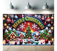 Saoplasa Christmas Backdrop Merry Christmas Photography Background Santa Claus Snowman Tree House Red Blue Holiday Wall Banner for Party Decorations Winter Wonderland Indoor Outdoor 71x43 Inch