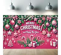 Saoplasa Christmas Backdrop Pink Merry Christmas and Happy New Year Photography Background Candy Gift Ornament Banner Xmas Tree Party Backdrop for Girls Kids Holiday Wall Decor Indoor 71x43 Inch