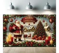 Saoplasa Christmas Backdrop Santa Claus Photography Background Winter Village Scene Xmas Tree Photo Banner Holiday Party Decoration Indoor Outdoor Wall Decor Photography Supplies 71x43 Inch