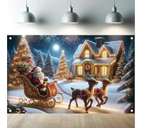 Saoplasa Christmas Backdrop Santa Sleigh Reindeer Winter Snow House Scene Background Banner 71 x 43 Inch Holiday Photography Background for Xmas Party Decoration Indoor Outdoor Photo Booth Wall Decor