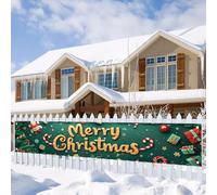 Saoplasa Christmas Banner 118x20 Inch Large Merry Christmas Backdrop Green Santa Claus Candy Cane Gift Boxes Snowflake Tree Ornaments Holiday Wall Decoration Xmas Party Supplies Photography Background